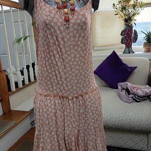 Vintage Wild Fable Peach Floral, Silk Ribbon Waist,Adjustable Straps, Mini Dress